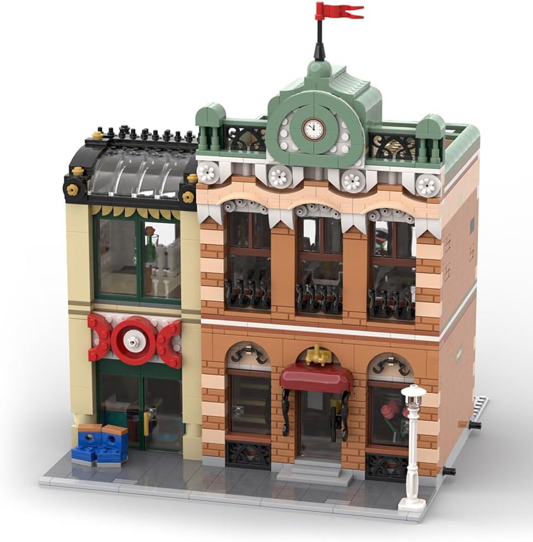 Built modular modern house brick model with garage, two buildings side by side – view 6