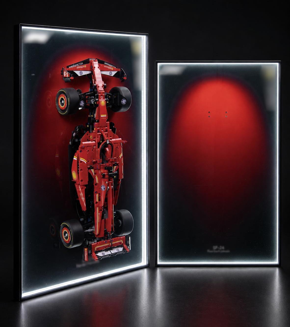 Formula race car brick model on a lit acrylic wall display board – view 6
