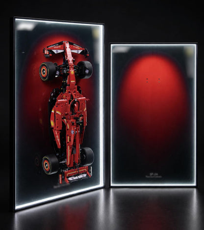 Formula race car brick model on a lit acrylic wall display board – view 6