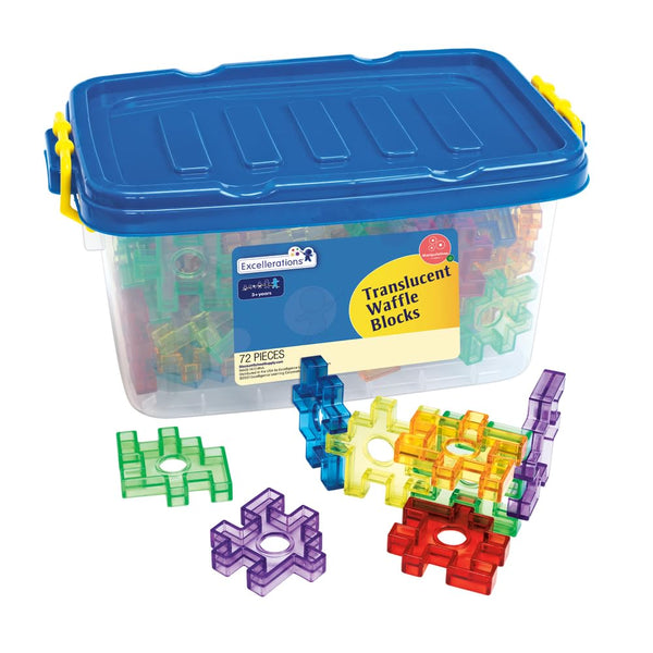 Translucent colored waffle blocks slotted together into a small tower