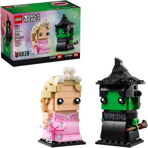 Two blocky brick-built witch figures, one in black and one in pink