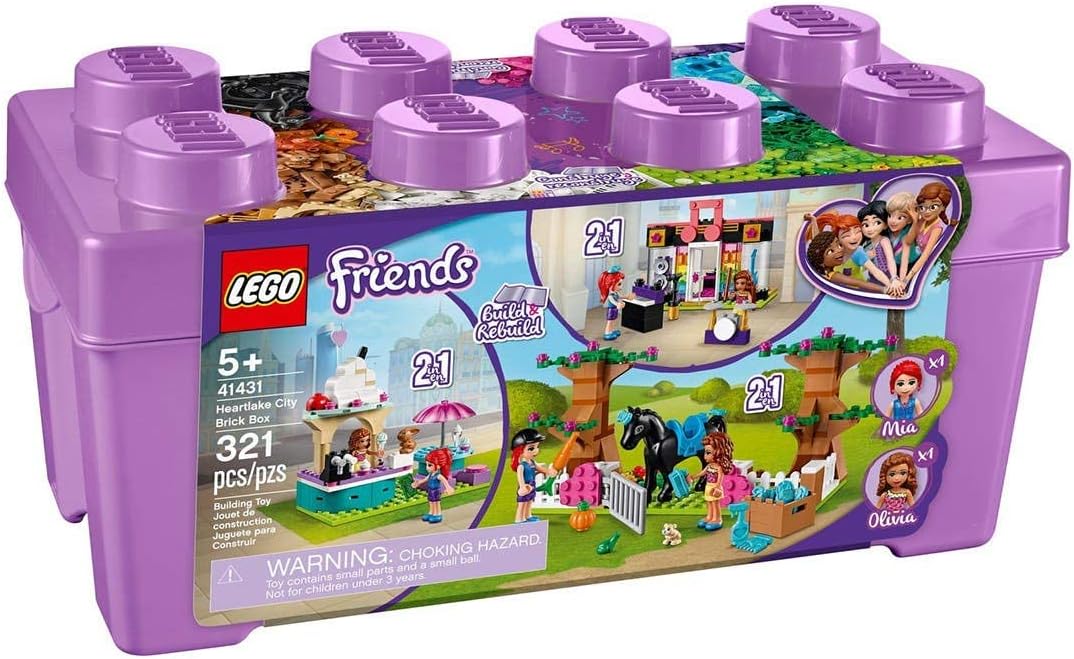 Box of assorted bright building bricks with small finished models