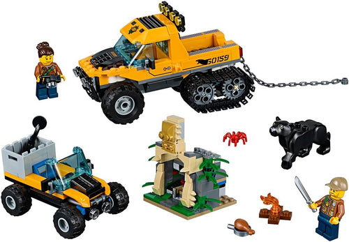 Brick-built jungle halftrack vehicle beside a temple ruin with explorer figures