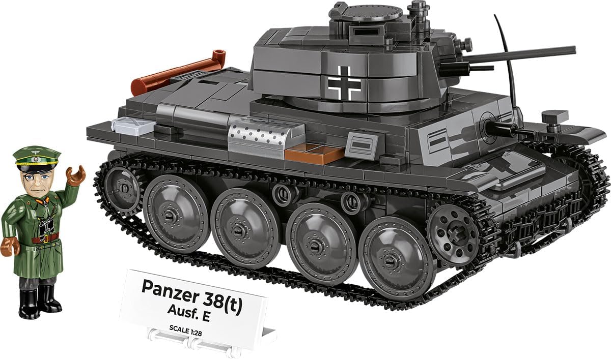 Brick-built WWII light tank model in gray with turret and tracks at 1:28 scale