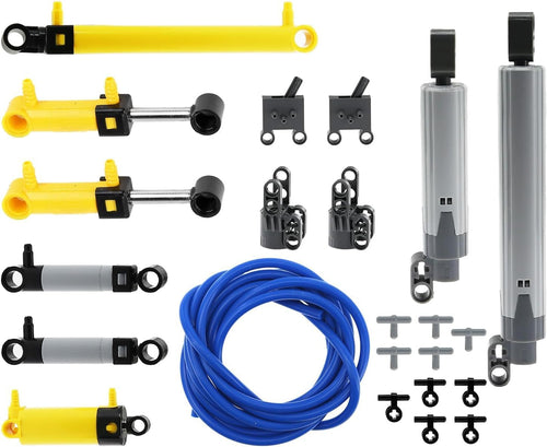 Pneumatic pump, cylinders and tubing parts for technical brick models laid out