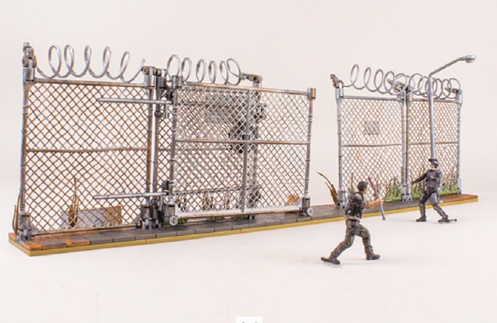 Brick-built prison gate and fence with survivor and zombie figures