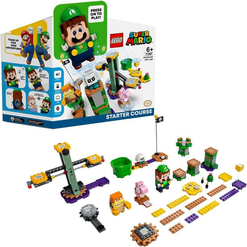 Interactive platform game starter course built from bricks with spinning and seesaw challenges