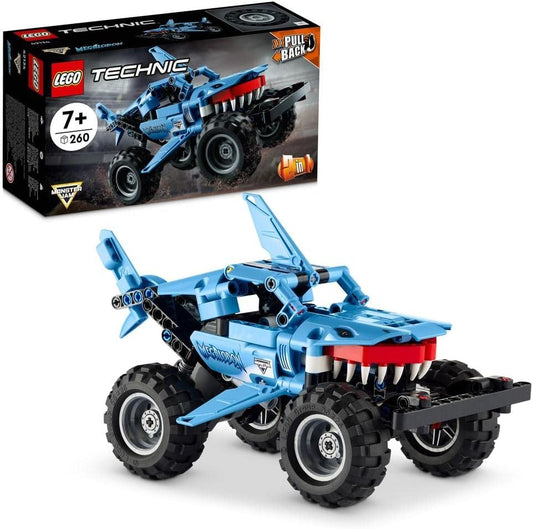 Brick-built shark monster truck with big tires, fins and open toothy jaws