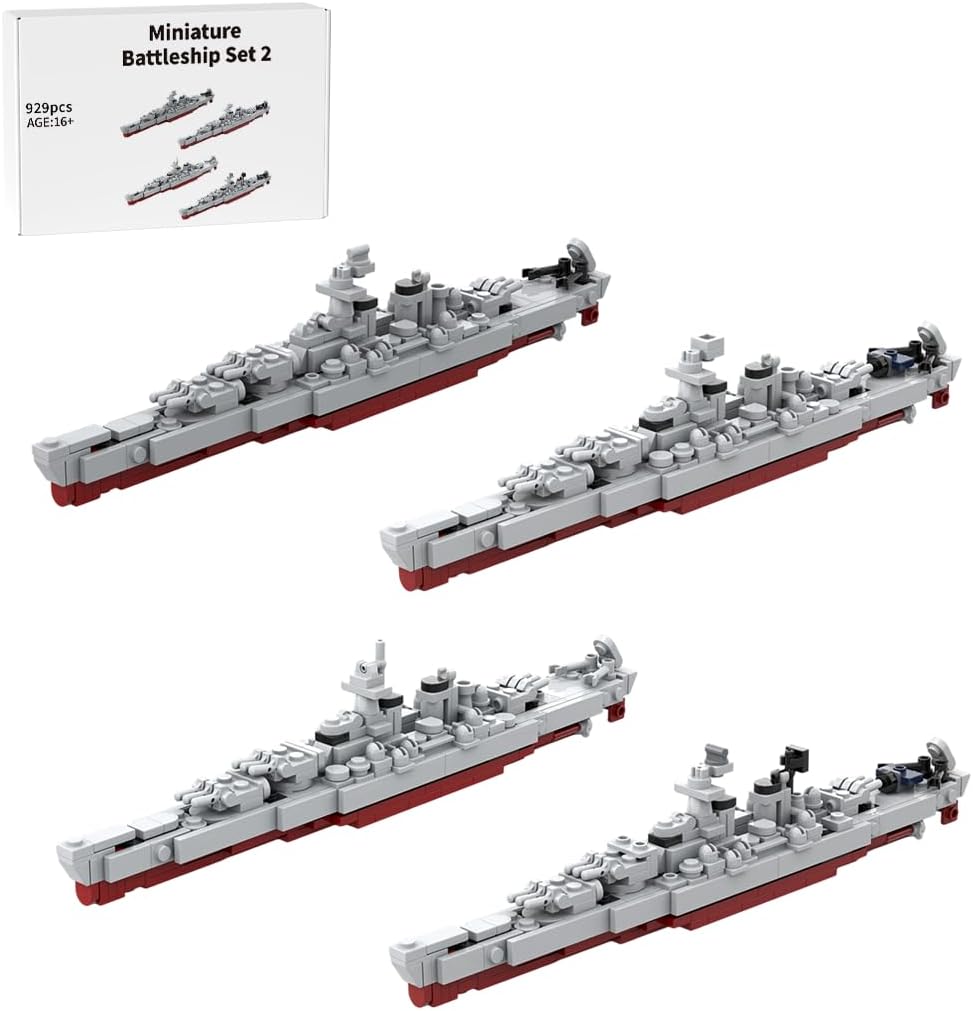 Four small brick-built gray battleship models lined up side by side – view 4