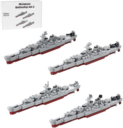 Four small brick-built gray battleship models lined up side by side – view 4