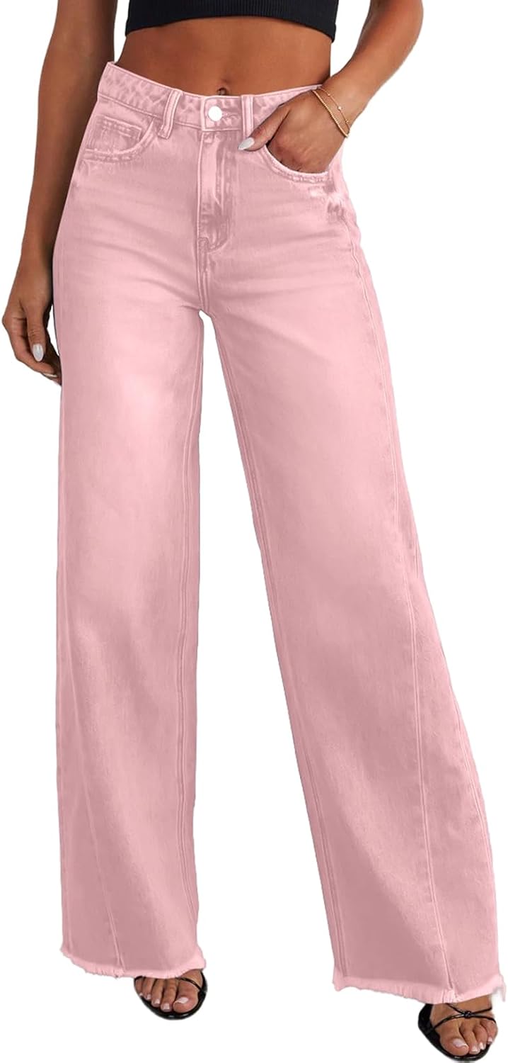 Women's High Waisted Wide Leg Jeans - Raw Hem Baggy Boyfriend Denim in Full Length for Daily Outfits - 0