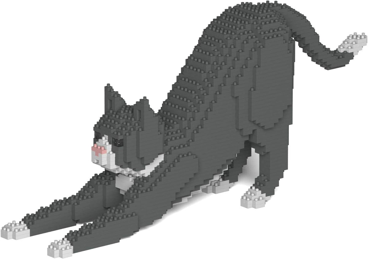 Grey and white tuxedo cat brick sculpture – view 3