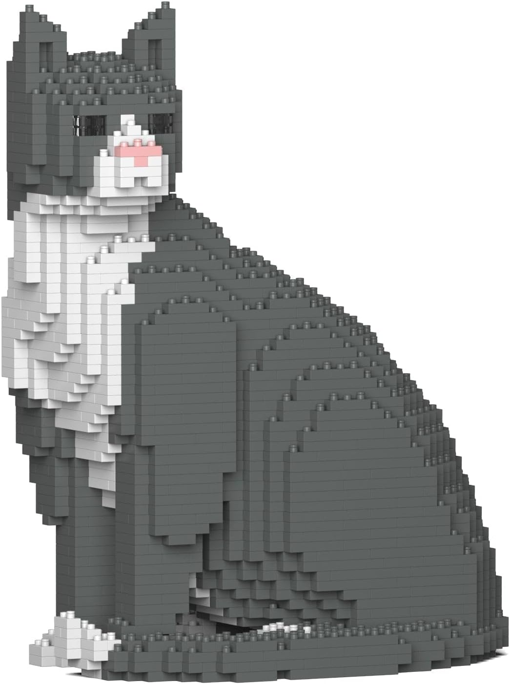 Grey and white tuxedo cat brick sculpture – view 2