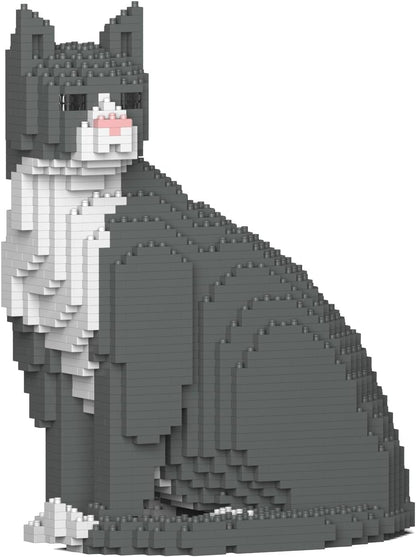 Grey and white tuxedo cat brick sculpture – view 2