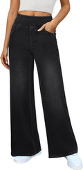 Women's Pull On Wide Leg Jeans - Elastic Waist Sweatpant Denim with Tummy Control for Work Days - Black