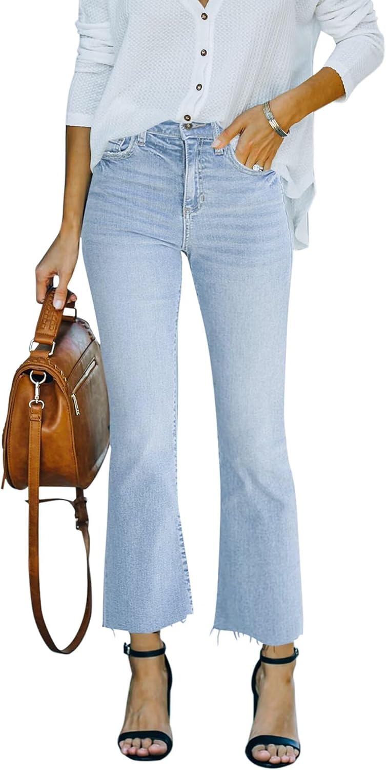 Women's Stretch Denim Flare Jeans - High Rise Raw Hem Ankle Crop with Bootcut Leg for Daily Wear - 2