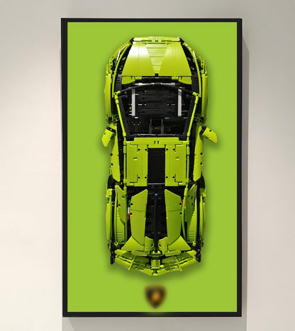 Wall-mounted display frame holding a large technical supercar brick model
