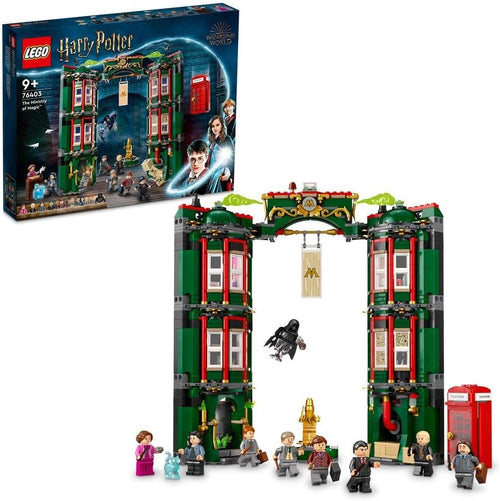 Multi-story brick-built wizard ministry building with minifigures inside