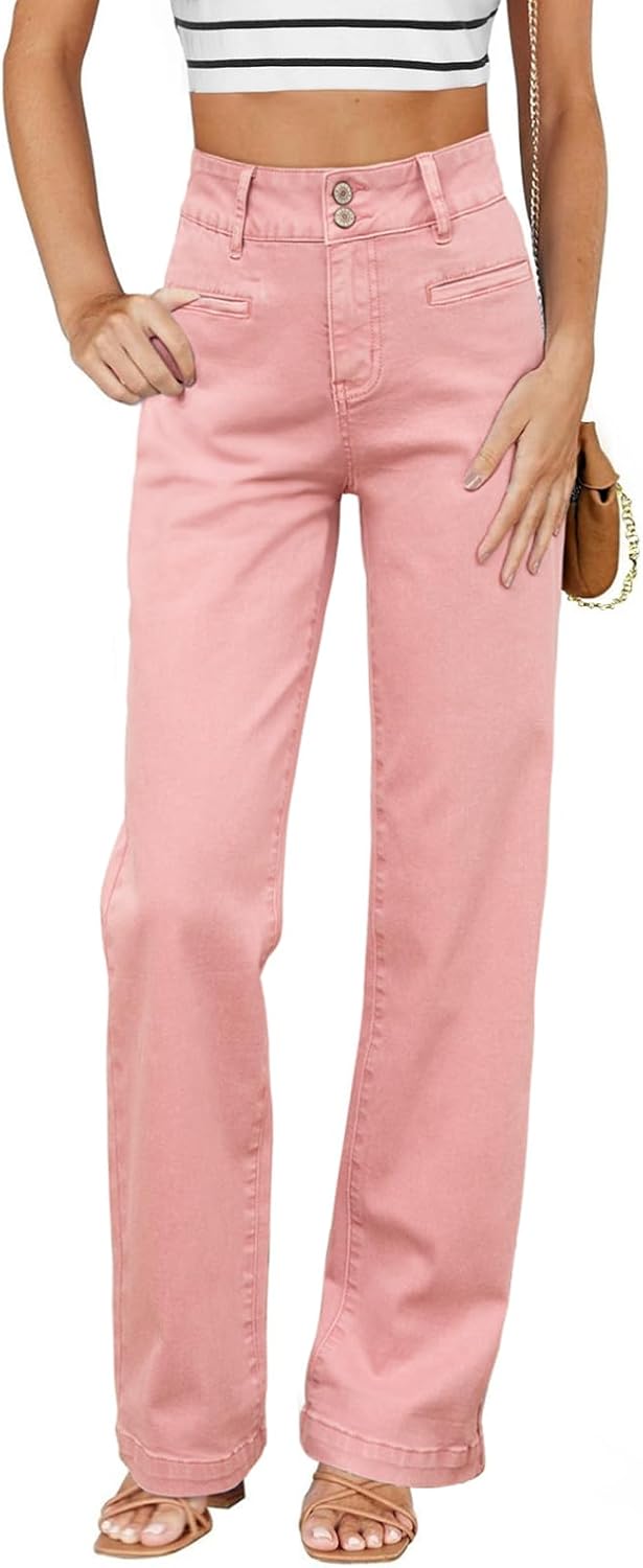 Women's High Waisted Straight Leg Jeans - Soft Stretch Denim with a Dual Button Closure and Pockets - 2
