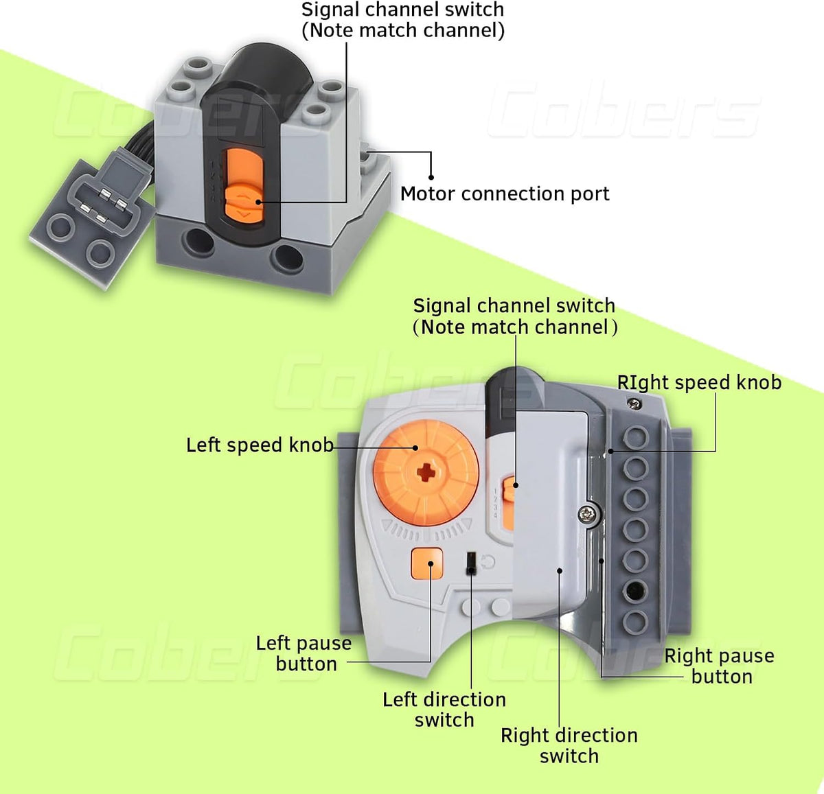Assorted brick motors, battery boxes, IR remote and technical gears and axles laid out