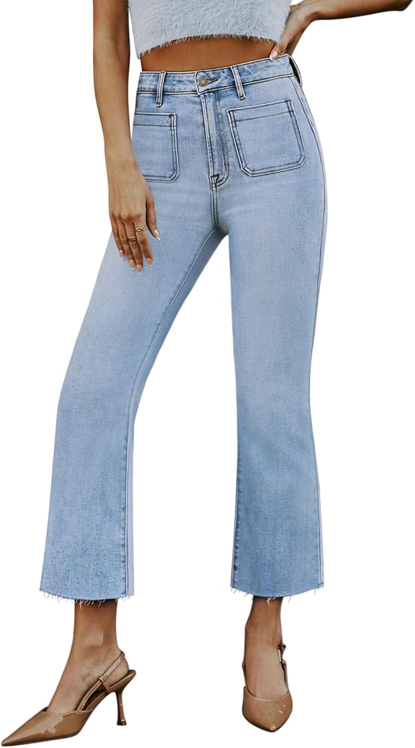 Women's Stretch Denim Flare Jeans - High Rise Raw Hem Ankle Crop with Bootcut Leg for Daily Wear - 6
