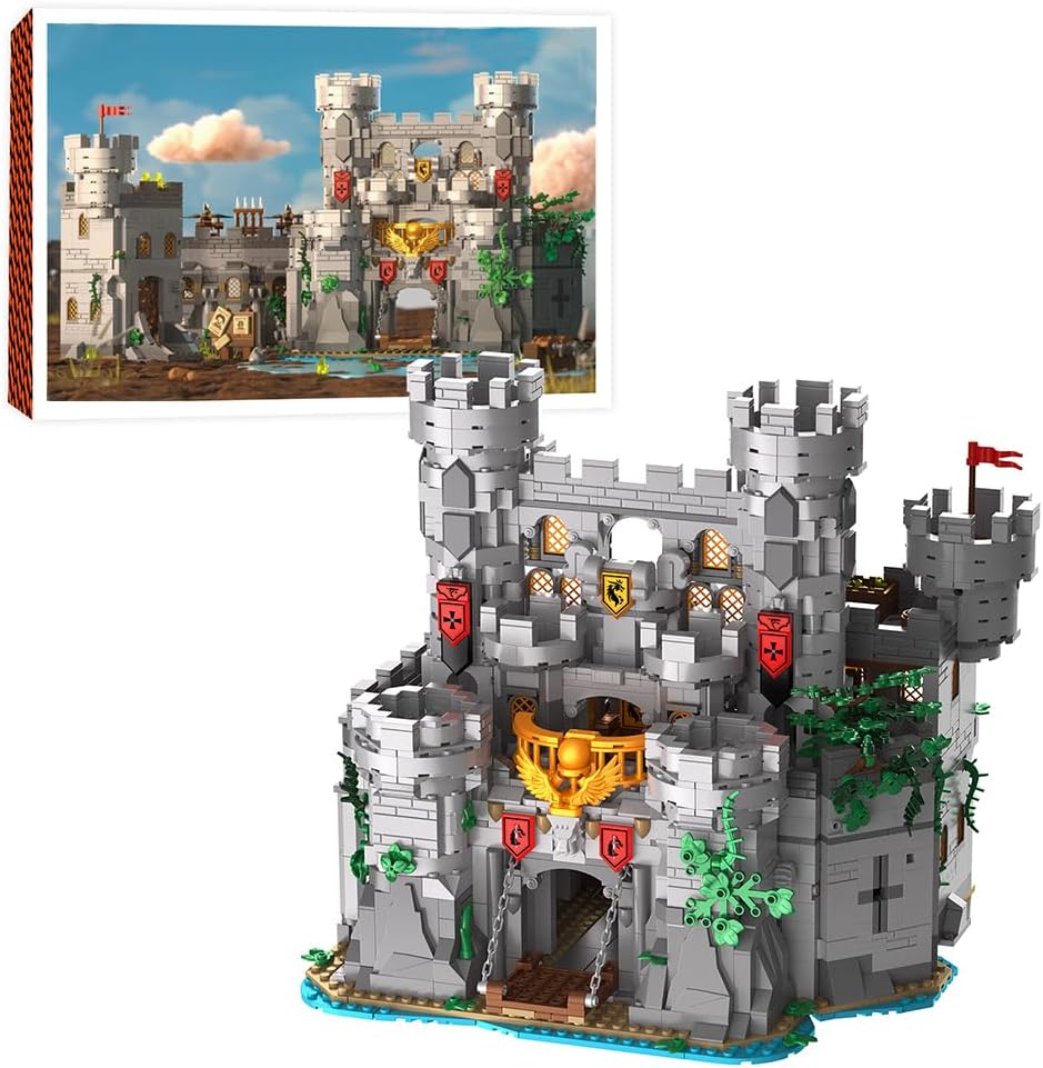 Large medieval stone castle brick model with towers and walls