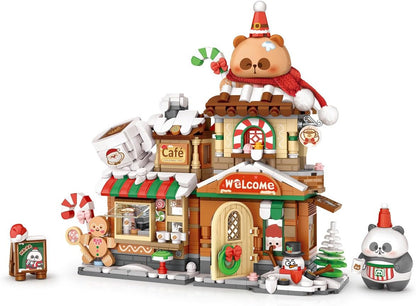 Built snowy holiday bakery with red awning, fountain and snack stand – view 5