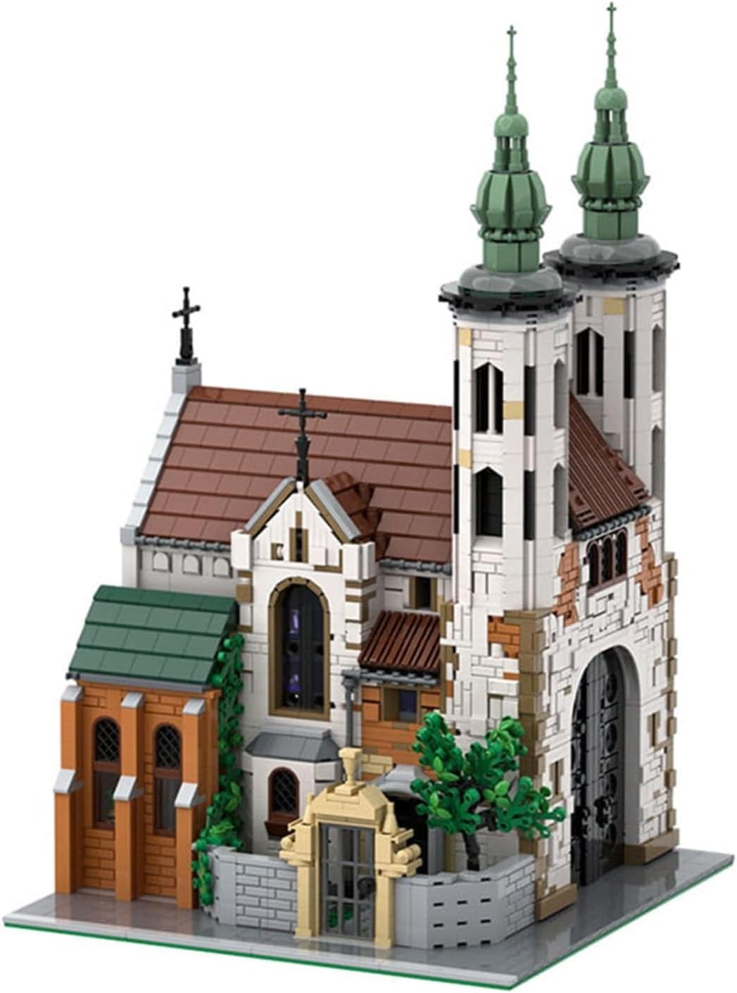 Brick-built medieval stone church with bell tower and arched windows