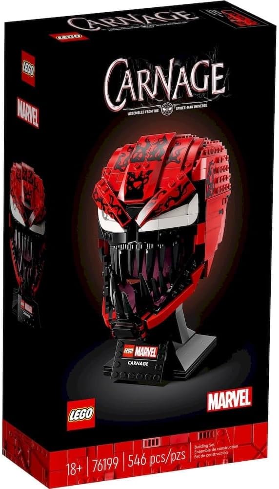 Brick-built red alien villain bust with sharp teeth on a black base with plaque