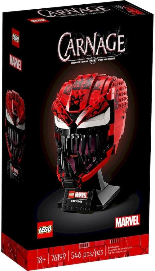 Brick-built red alien villain bust with sharp teeth on a black base with plaque