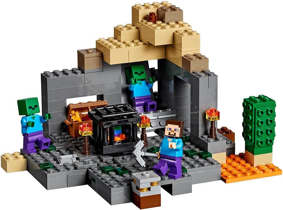 Blocky brick dungeon with miner figure, two zombies and rotating spawner