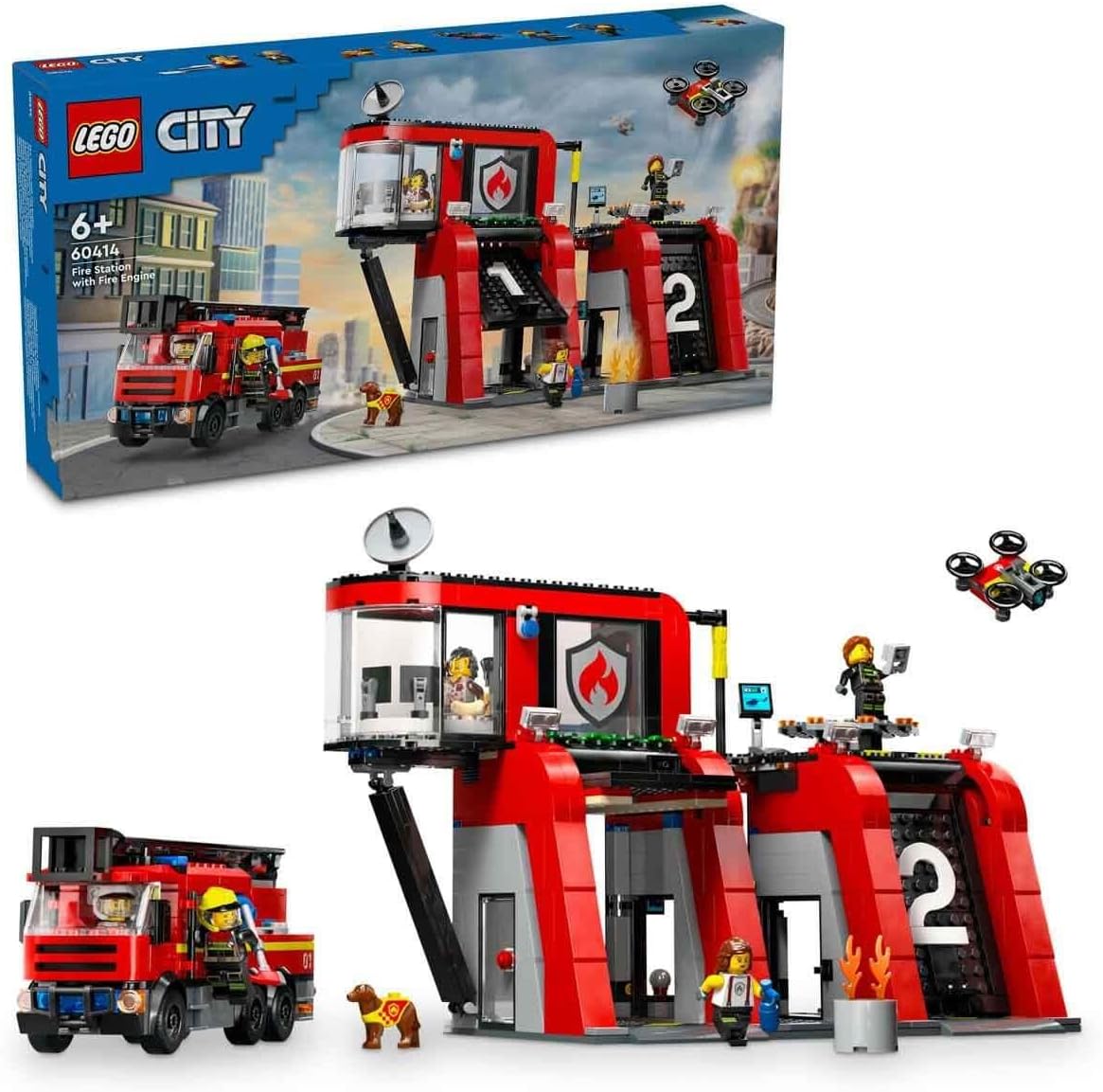 Brick-built red fire station with fire truck, drone and firefighter figures