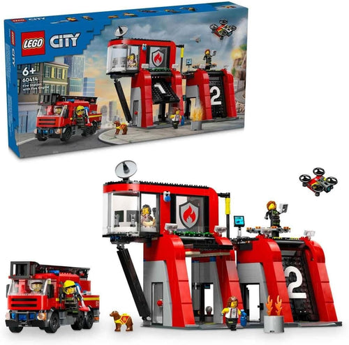 Brick-built red fire station with fire truck, drone and firefighter figures