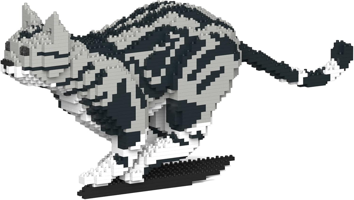 Silver tabby American Shorthair cat sculpture built from interlocking plastic bricks – view 4