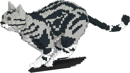 Silver tabby American Shorthair cat sculpture built from interlocking plastic bricks – view 4
