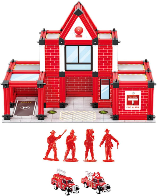 Assembled miniature fire station with fire trucks and firefighter figures