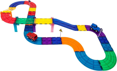 Magnetic tile rocket tower with marble run and race track and two light-up cars