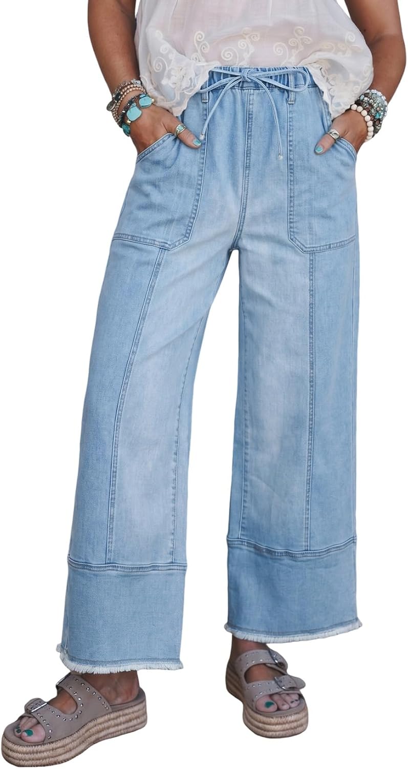 Women's High Waisted Wide Leg Jeans - Baggy Stretch Denim with an Adjustable Drawstring Waist - 4