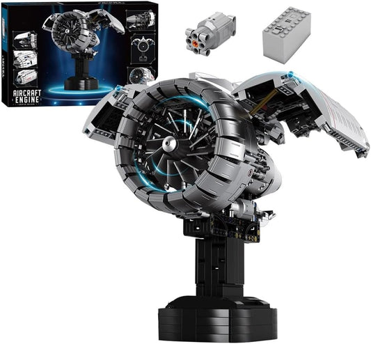 Built motorized turbofan engine brick replica with visible fan and motor assembly