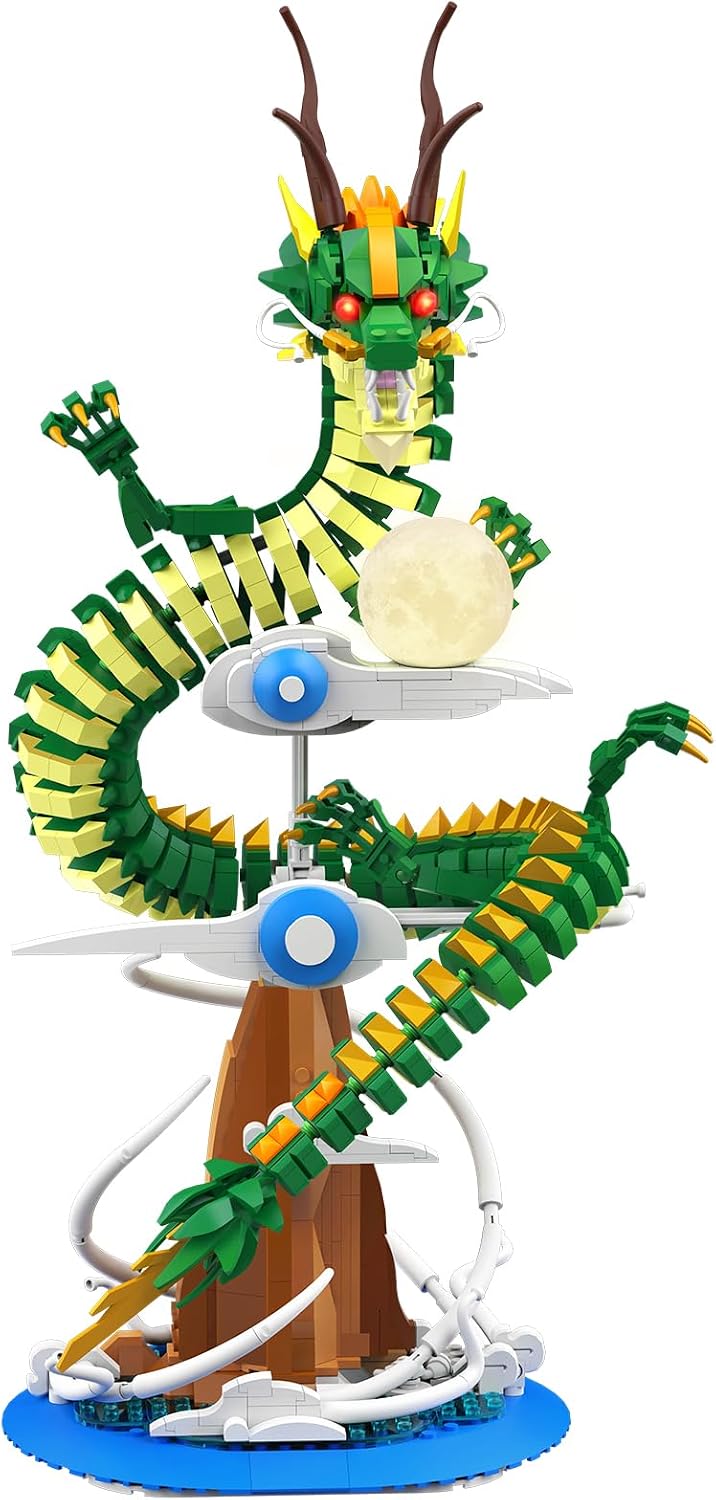 Brick-built dragon with red glowing eyes wrapped around a lit moon ball