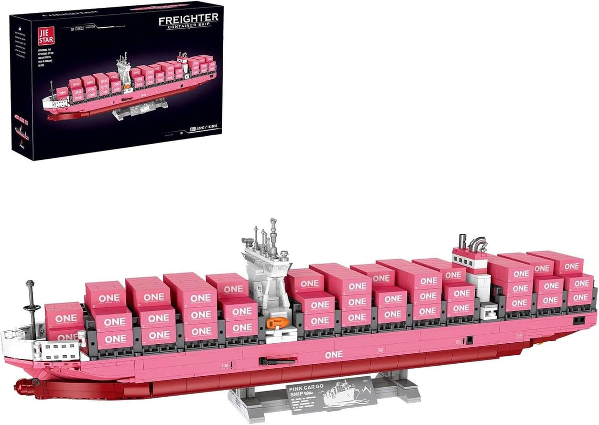 Long pink brick container ship with bridge deck and chimney on a stand
