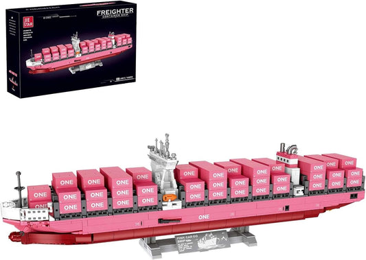 Long pink brick container ship with bridge deck and chimney on a stand