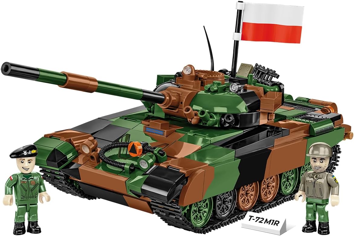 Brick-built green main battle tank model with turret and long gun barrel