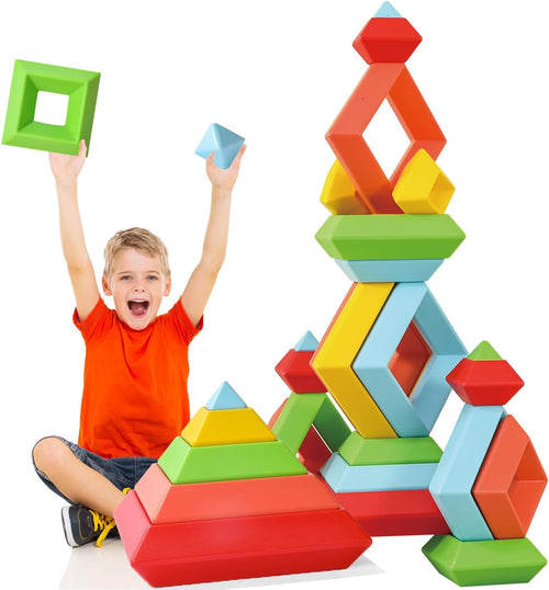 Jumbo colorful stacking blocks in various shapes built into a tall tower