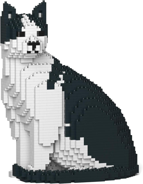 Finished black and white cat sculpture built from interlocking plastic bricks