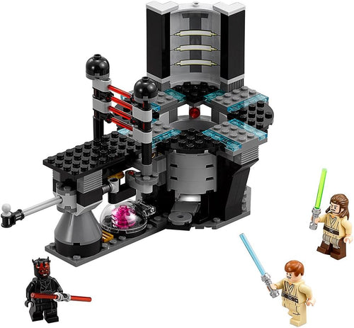 Brick-built generator core duel scene with three figures and laser doors