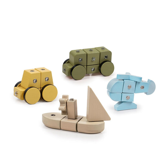 Wooden snap blocks assembled into colorful toy vehicles