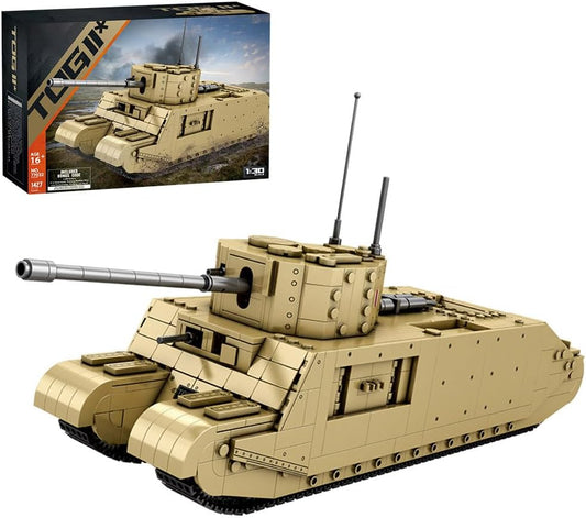 Long brick-built British heavy tank model with tracks