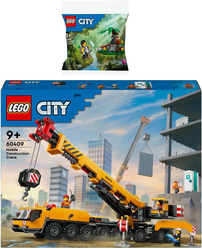 Brick-built mobile construction crane with extended boom and worker figures