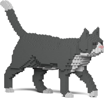Grey and white tuxedo cat brick sculpture